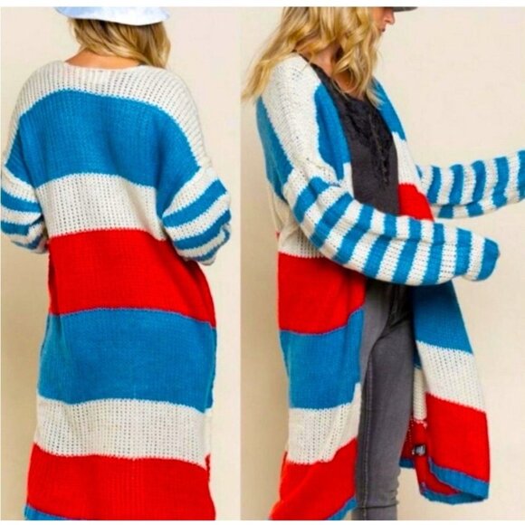 VICI Chunky Knit Open Front Duster Cardigan Striped Red White Blue SZ M - Picture 3 of 9